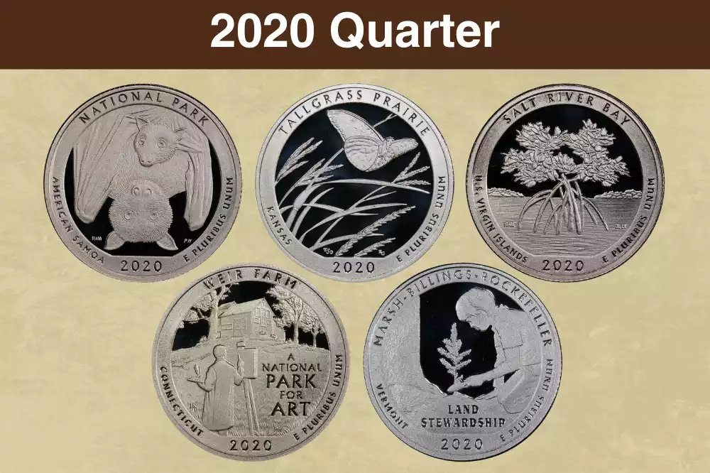 2020-W quarter obverse showing V75 privy mark and W mint mark alongside the 2020 American Samoa quarter with fruit bat reverse design
