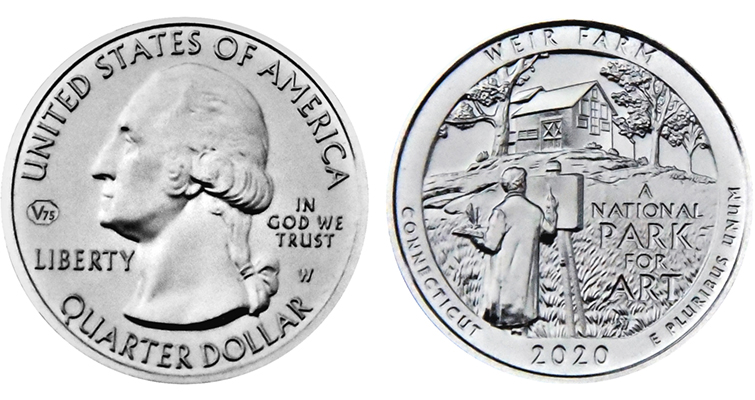 Side-by-side comparison of a common 2020-P quarter obverse (left) versus a 2020-W quarter obverse with W mint mark and V75 privy mark (right)