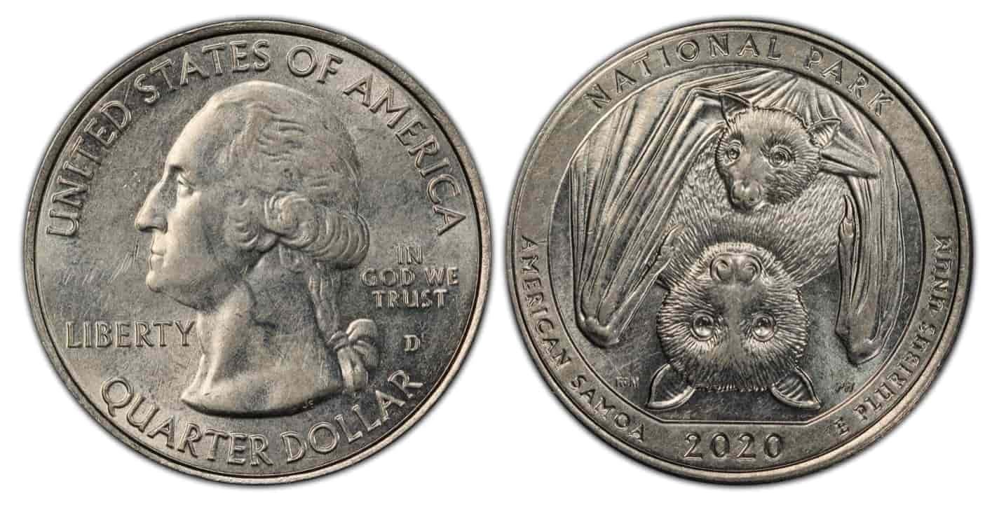 2020-D American Samoa quarter with 98% reverse missing clad layer, showing exposed copper core on the reverse design side