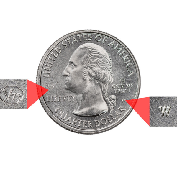 Extreme close-up of 2020-W quarter obverse showing the W mint mark and V75 privy mark near Washington's neckline in brilliant uncirculated condition