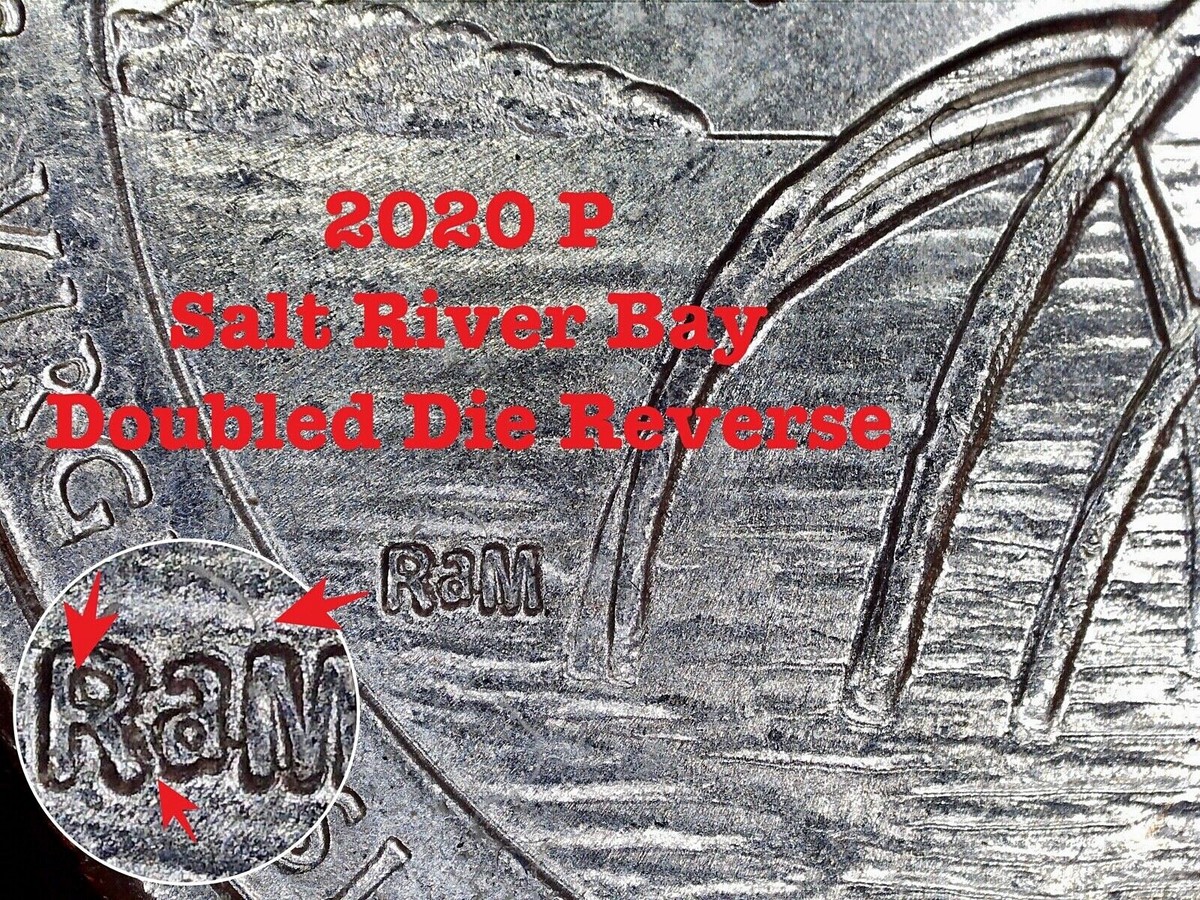 Close-up of 2020-P Salt River Bay quarter reverse showing doubled die variety WDDR-001 with doubling on designer initials JFM near the rim