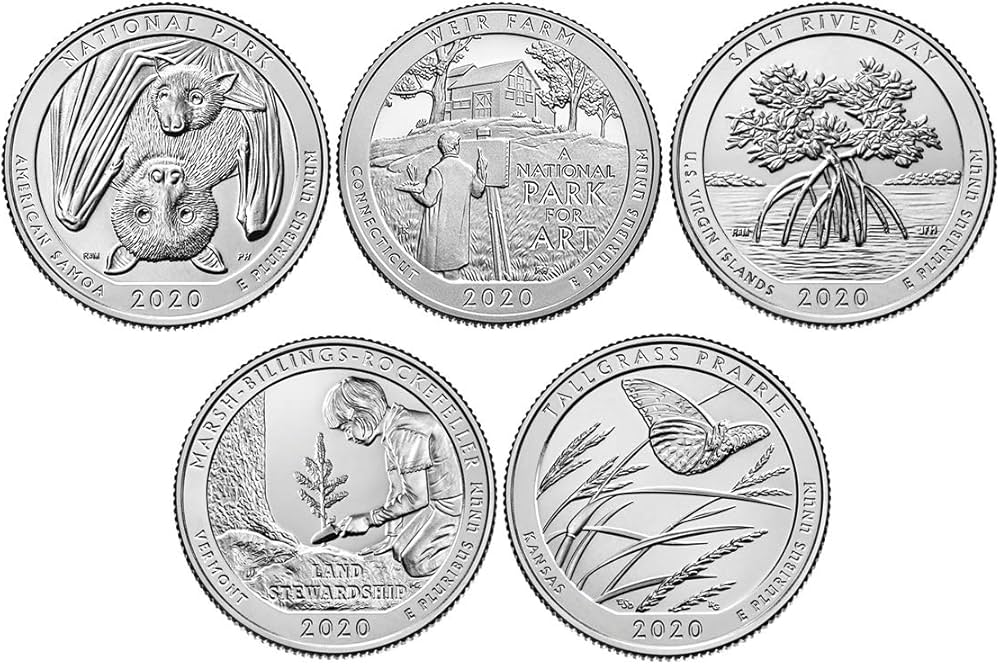 All five 2020 America the Beautiful quarter designs displayed together showing American Samoa, Weir Farm, Salt River Bay, Marsh-Billings-Rockefeller, and Tallgrass Prairie